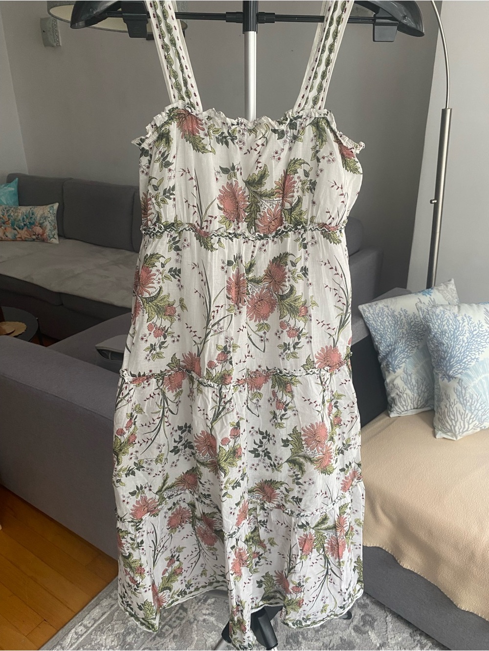 Max Studio White Maxi Dress with Pink Floral and Green Leaves
